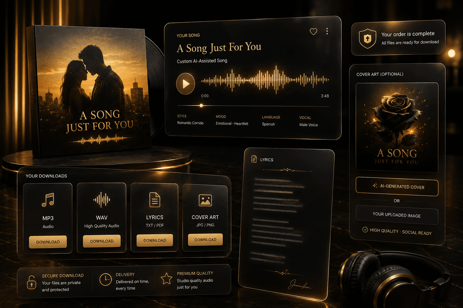 Premium custom song download package preview with audio files lyrics and cover art