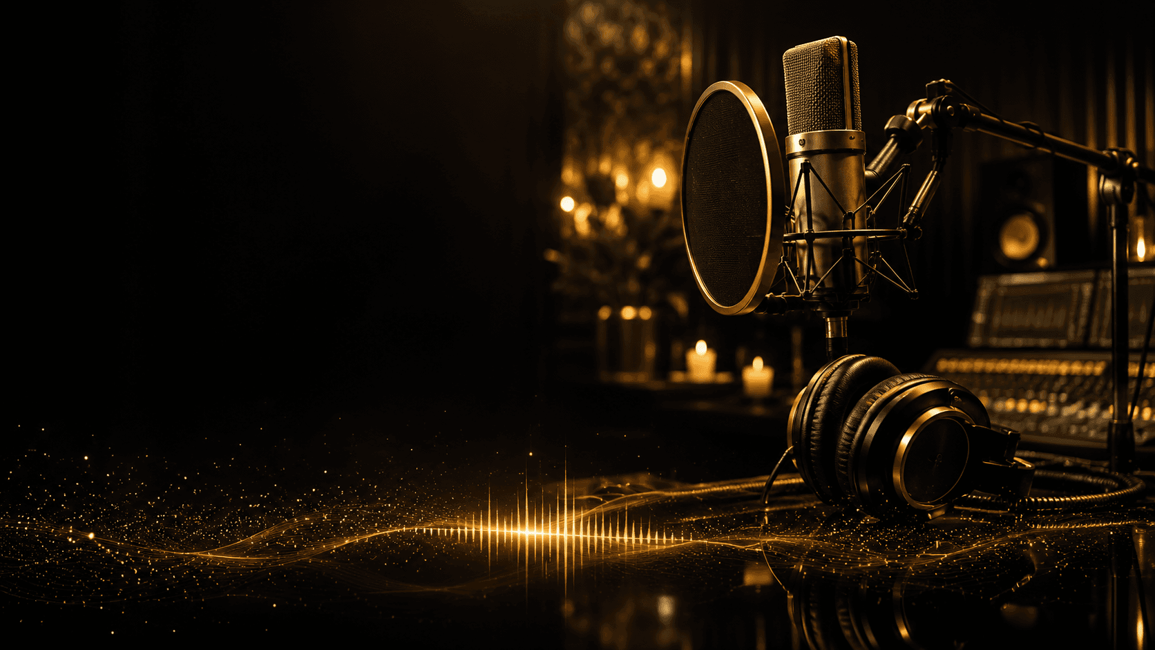 Luxury black and gold recording studio with microphone and headphones